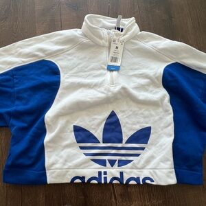 adidas White and Blue Trefoil Half-Zip Pullover
